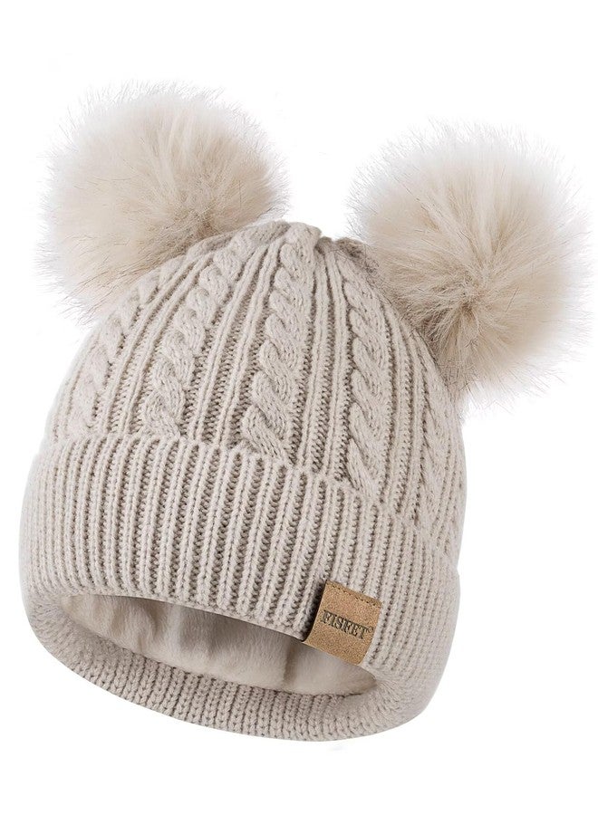 FISFET Beanies Women with Double Pom Pom, Winter Hats for Women Cold Weather Warm Cable Knit Fleece Lined, Cute Beanie Cap for Daily Use(Oatmeal) - Image 1